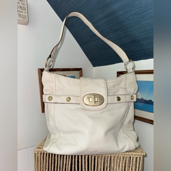 Michael Kors Chandler Ivory Bone leather shoulder bag brushed gold hardware NICE - Picture 1 of 15